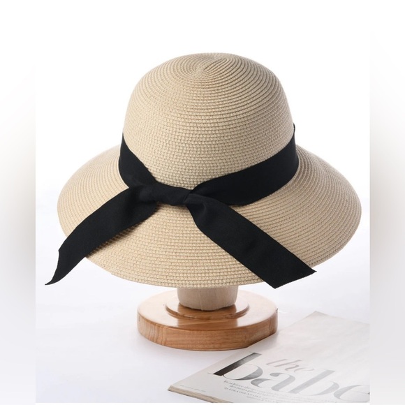 Furtalk Wide Ribbon Straw Beach Sun Hat tan khaki beige with black size medium - Picture 4 of 11